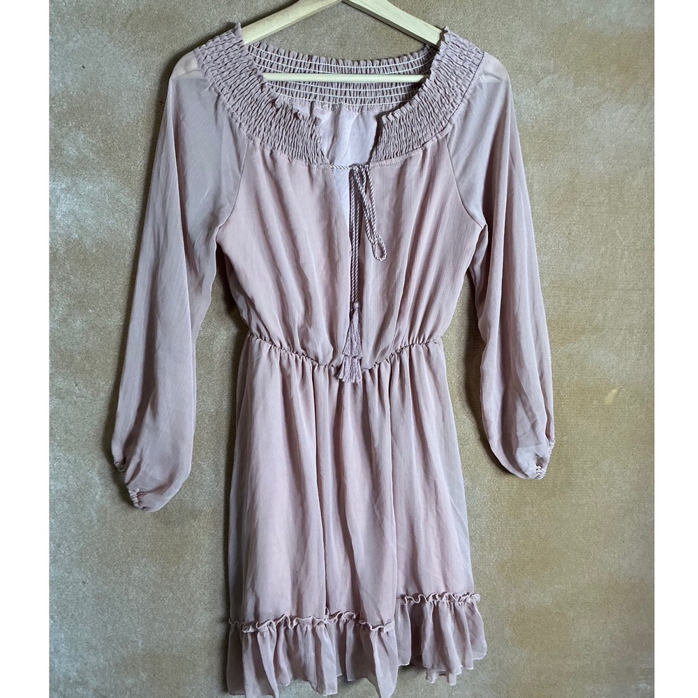 Light Pink Smocked Off Shoulder Ruffle Hem Dress Long Sleeve Boho Chic